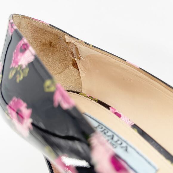 Prada Black Pink Patent Leather Rose Floral Print Pointed Toe Pump Heel IT 37 - Picture 8 of 12